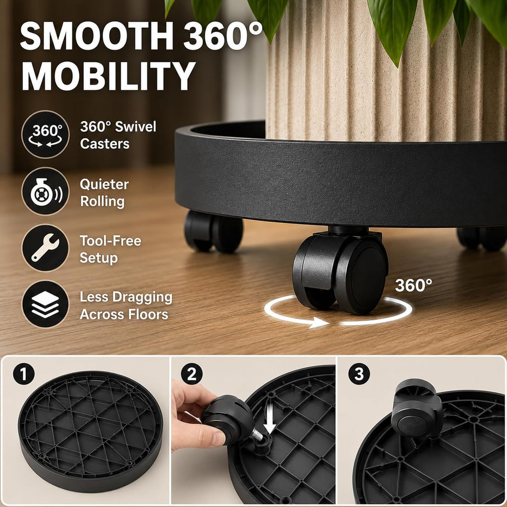 2 Pack 12.4" Plant Caddy with Wheels, Heavy Duty Rolling Plant Stand Dolly | Pot Feet & Water Removal Dropper, Black