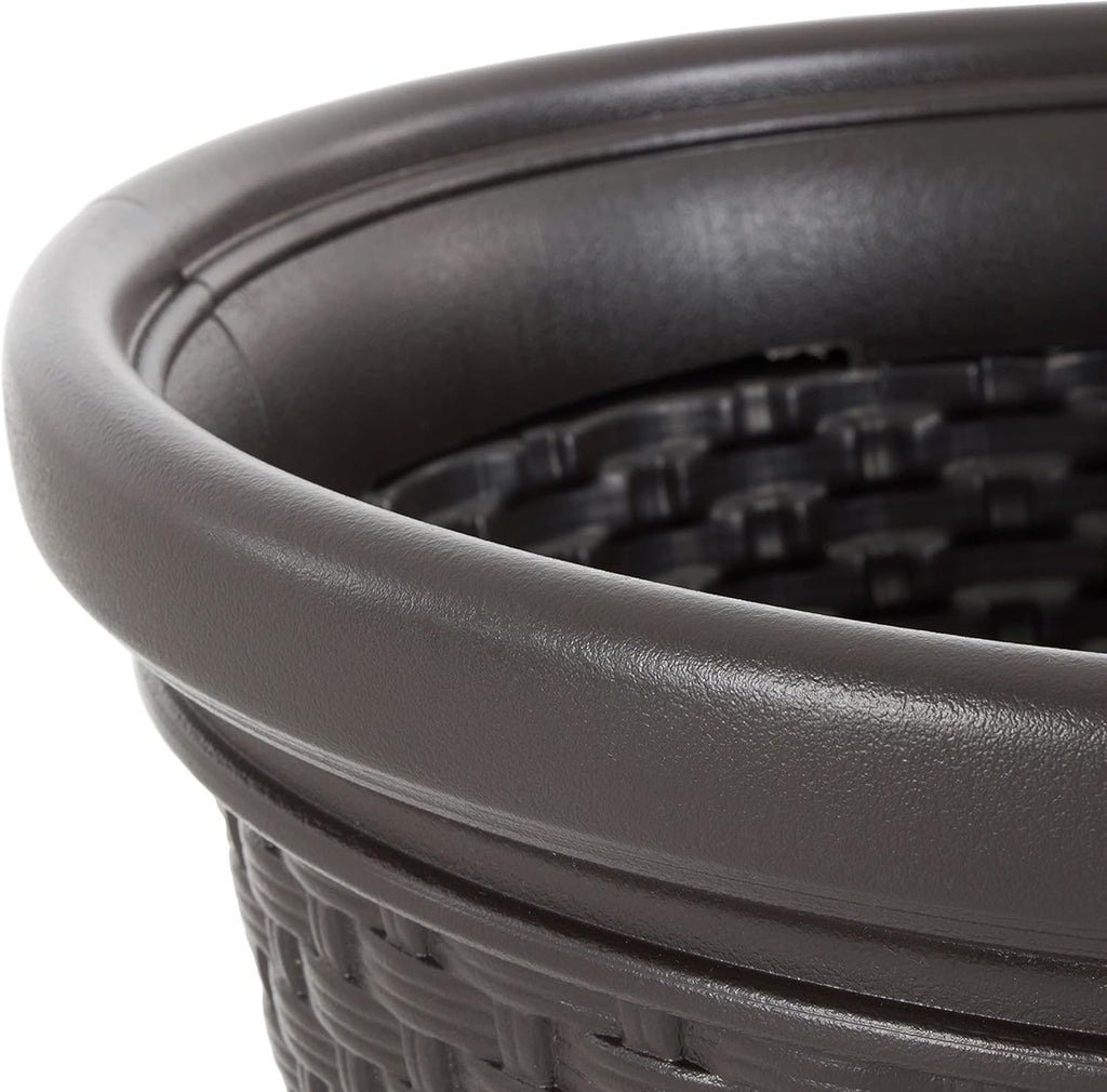 Suncast Decorative Wicker Garden Hose Holder Pot with 4 Drain Holes for 100 Foot Hoses, Java