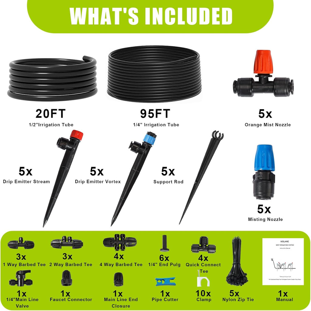 Drip Irrigation Kit Automatic Watering System 115FT Misting Sprinkler DIY Devices with 1/4" & 1/2" Tubing Hose