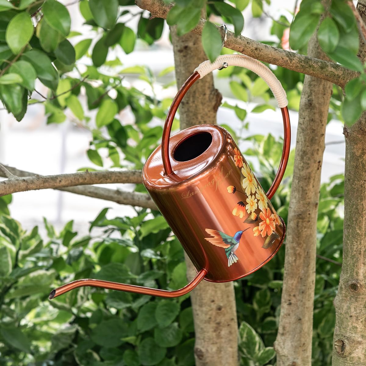 68oz Bronze Stainless Steel Watering Can, Hummingbird Pattern & 2 Sprayers