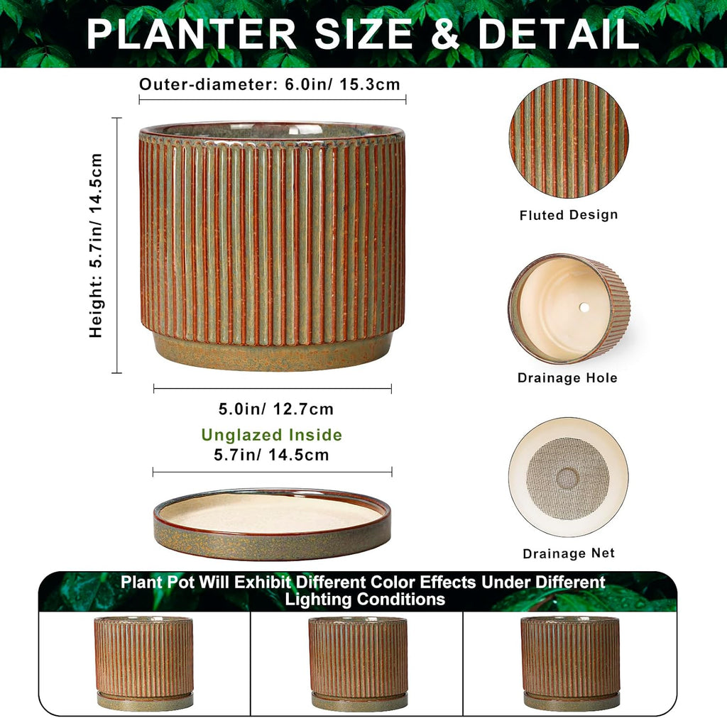 6 Inch Plant Pot, Ceramic Planters with Saucer, Retro Brown | Round Flower Pots with Drainage Hole, Indoor Pots for