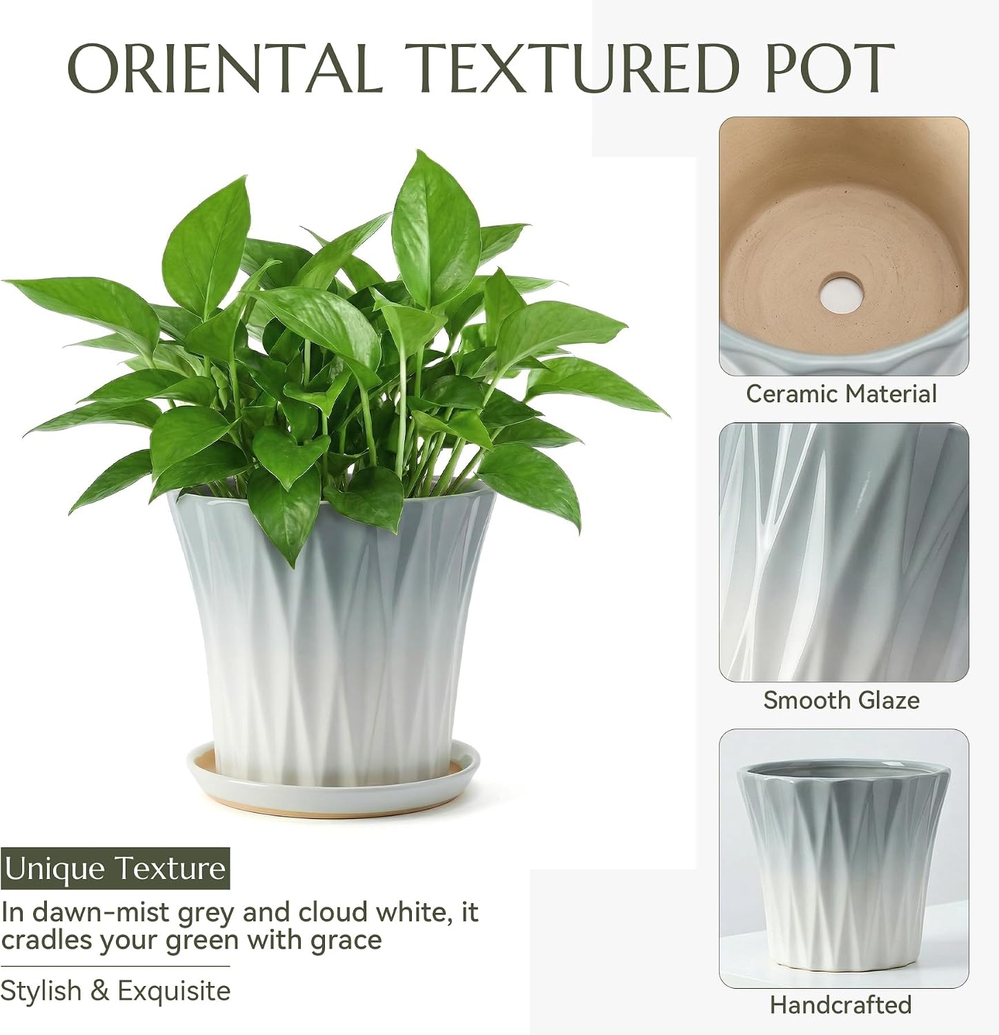 8.3 Inch Ceramic pots for Plants with Saucer Drainage Leak-Proof Mesh, Round Plant Pot with Gardening Gloves for Indoor