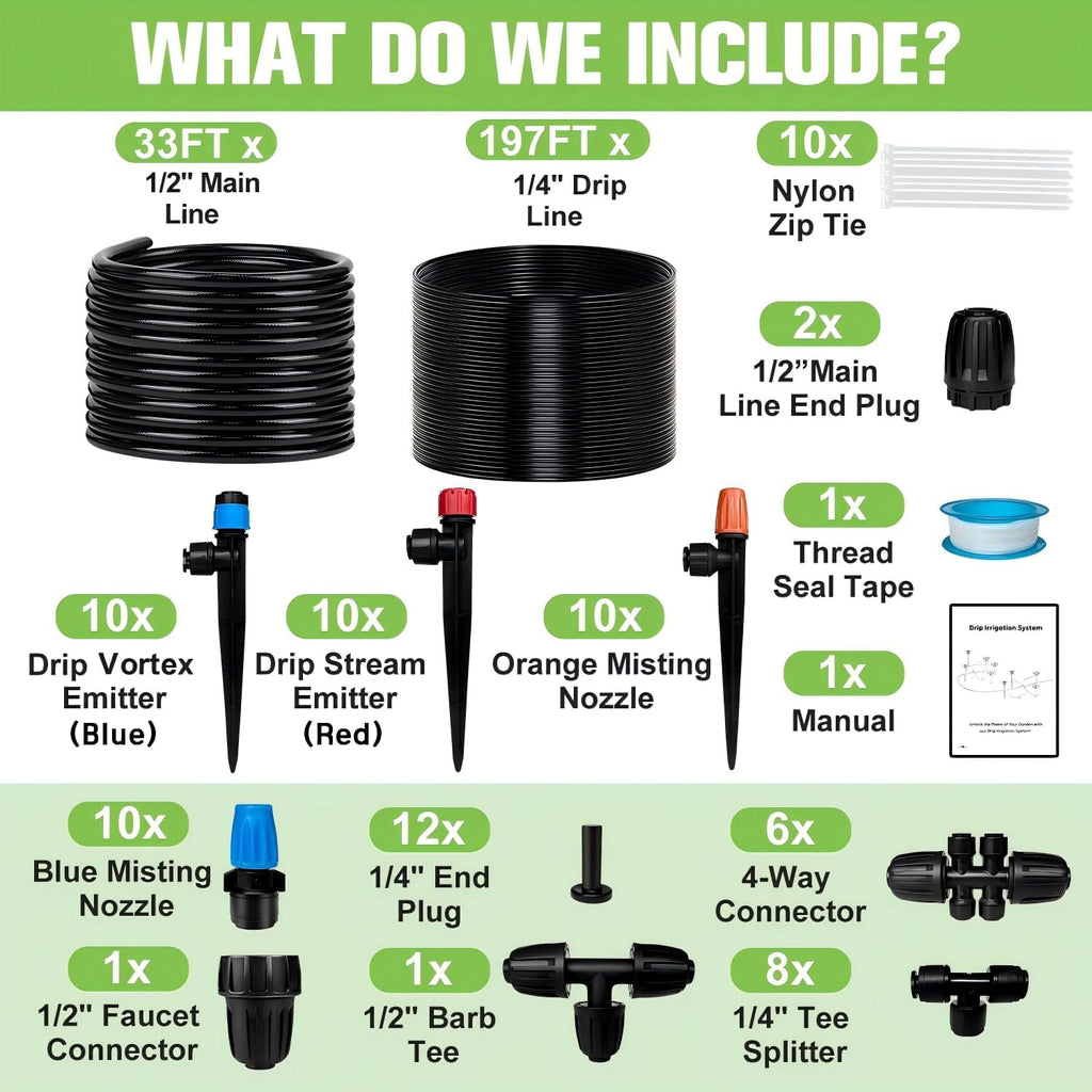 230FT Drip Irrigation System for Garden with 40 Nozzles & Emitters, Garden Watering System with 1/2" & 1/4" Tube and