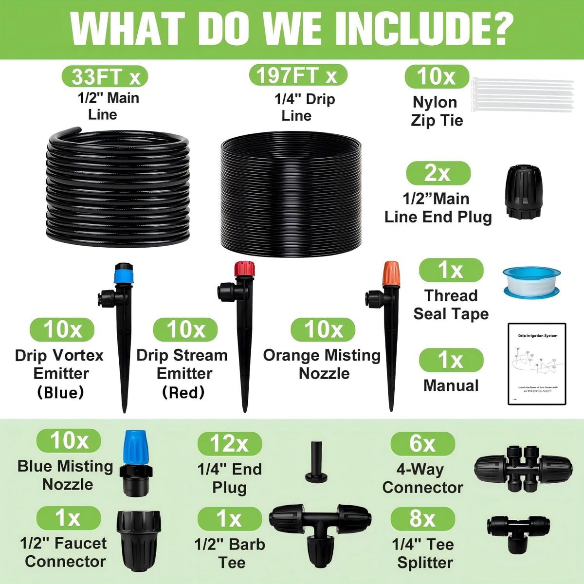 230FT Drip Irrigation System for Garden with 40 Nozzles & Emitters, Garden Watering System with 1/2" & 1/4" Tube and