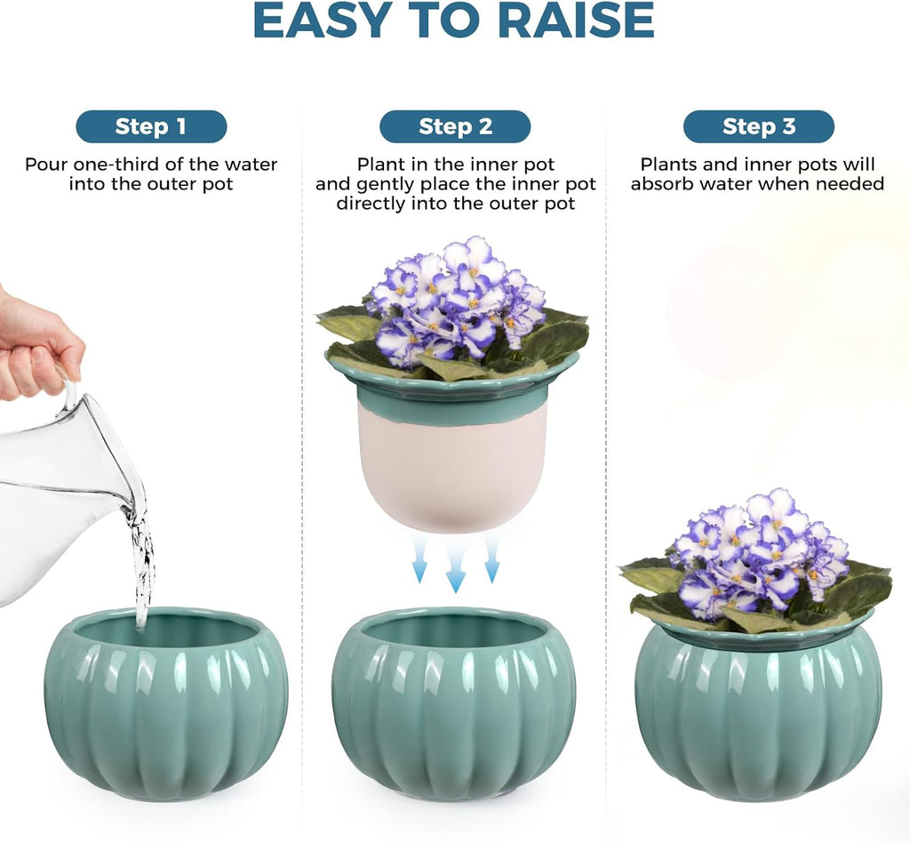BUYMAX 6 Inch Self Watering Ceramic African Violet Pot Indoor Plant Pot | Pumpkin Style Design | Automatic Water