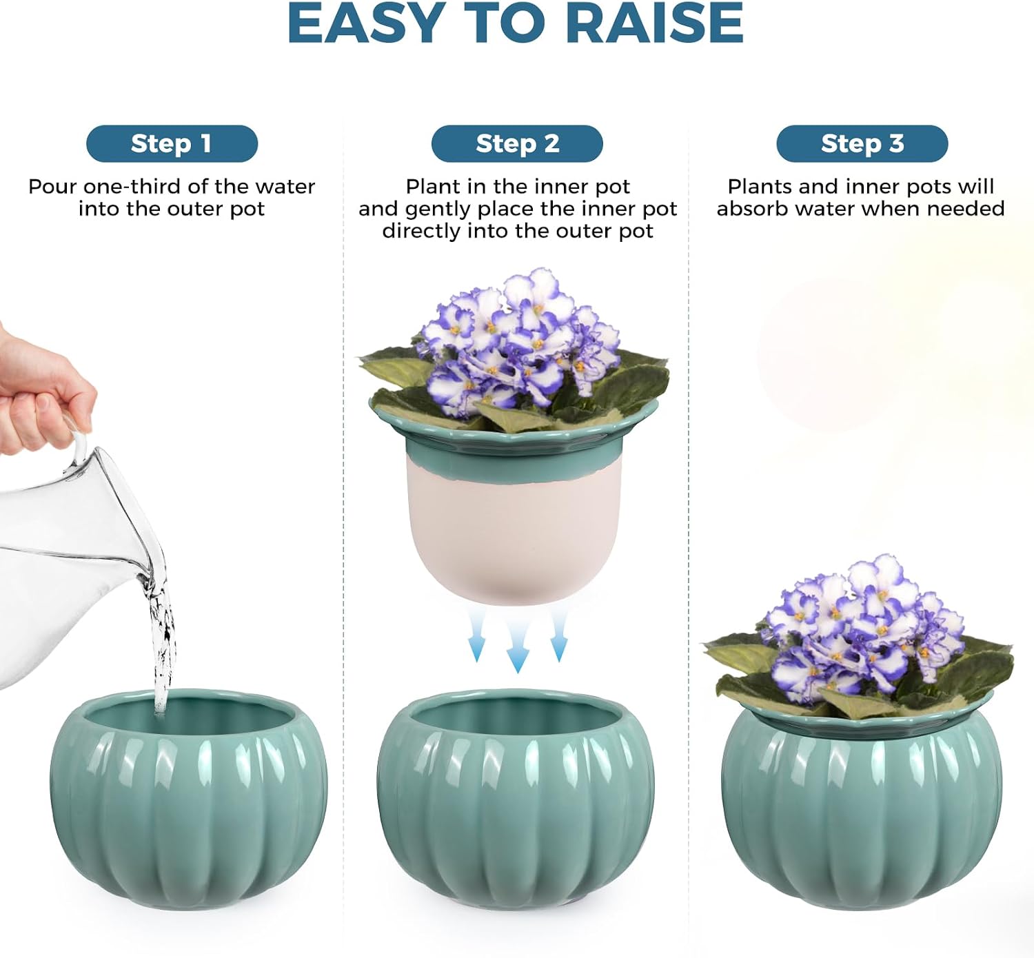 BUYMAX 6 Inch Self Watering Ceramic African Violet Pot Indoor Plant Pot | Pumpkin Style Design | Automatic Water