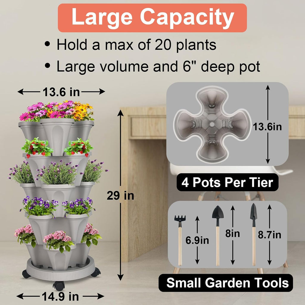 GameXcel Vertical Planter Tower - 5 Tier Stackable Garden Planters with Wheels and Tools Plant Pots for Strawberry Herb