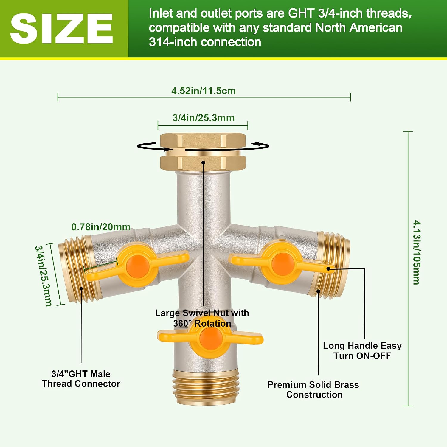 Hose Splitter 3 Way, High Flow Garden Hose Splitter, 3/4” Ght Inlet Brass Heavy Duty Hose Converter, water 3 Way Faucet