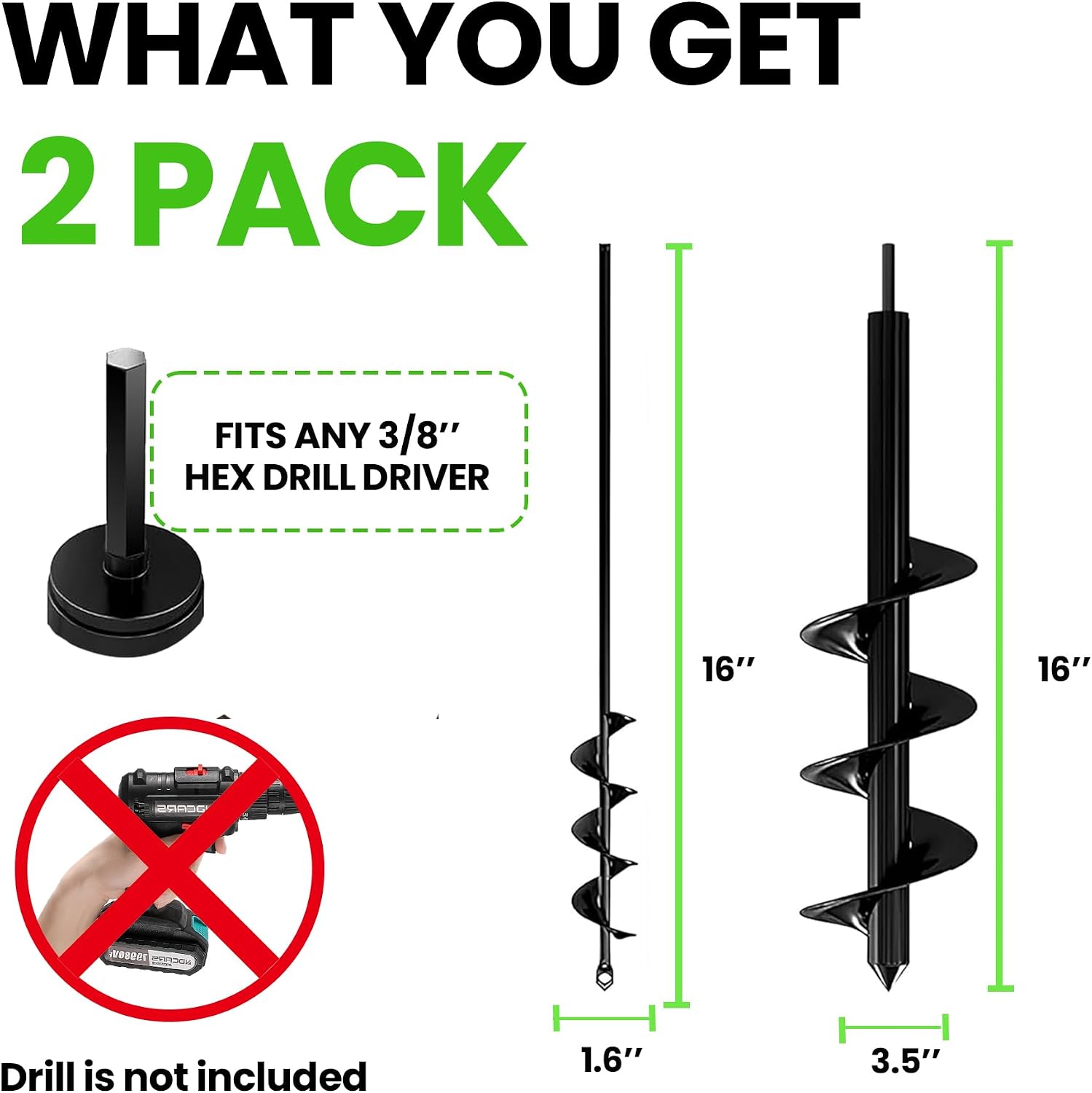 K-Brands Auger Drill Bit for Planting 2 Pack 1.6 x 16 Inch & 3.5 x 16 Inch Set – Garden Spiral Hole and Bulb Planter