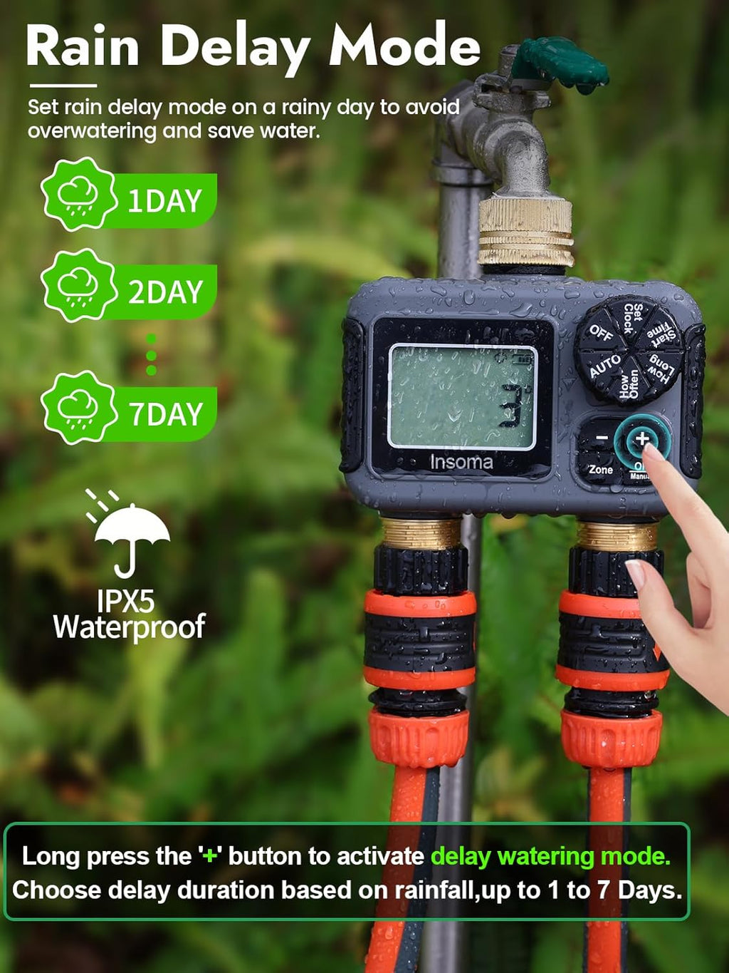 Insoma 2-Zone Water Timer Brass Inlet/Outlet, Programmable Outdoor Hose Faucet Timers with Auto/Manual Modes + Rain