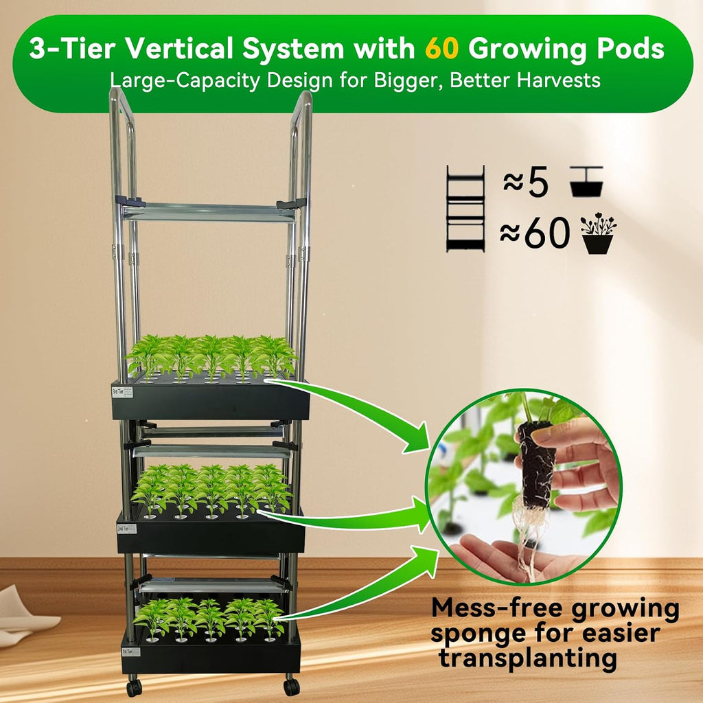 60 Pod Vertical Hydroponic System, Indoor Smart Garden | Full spectrum LED lights, auto water pump, 60 pod vertical