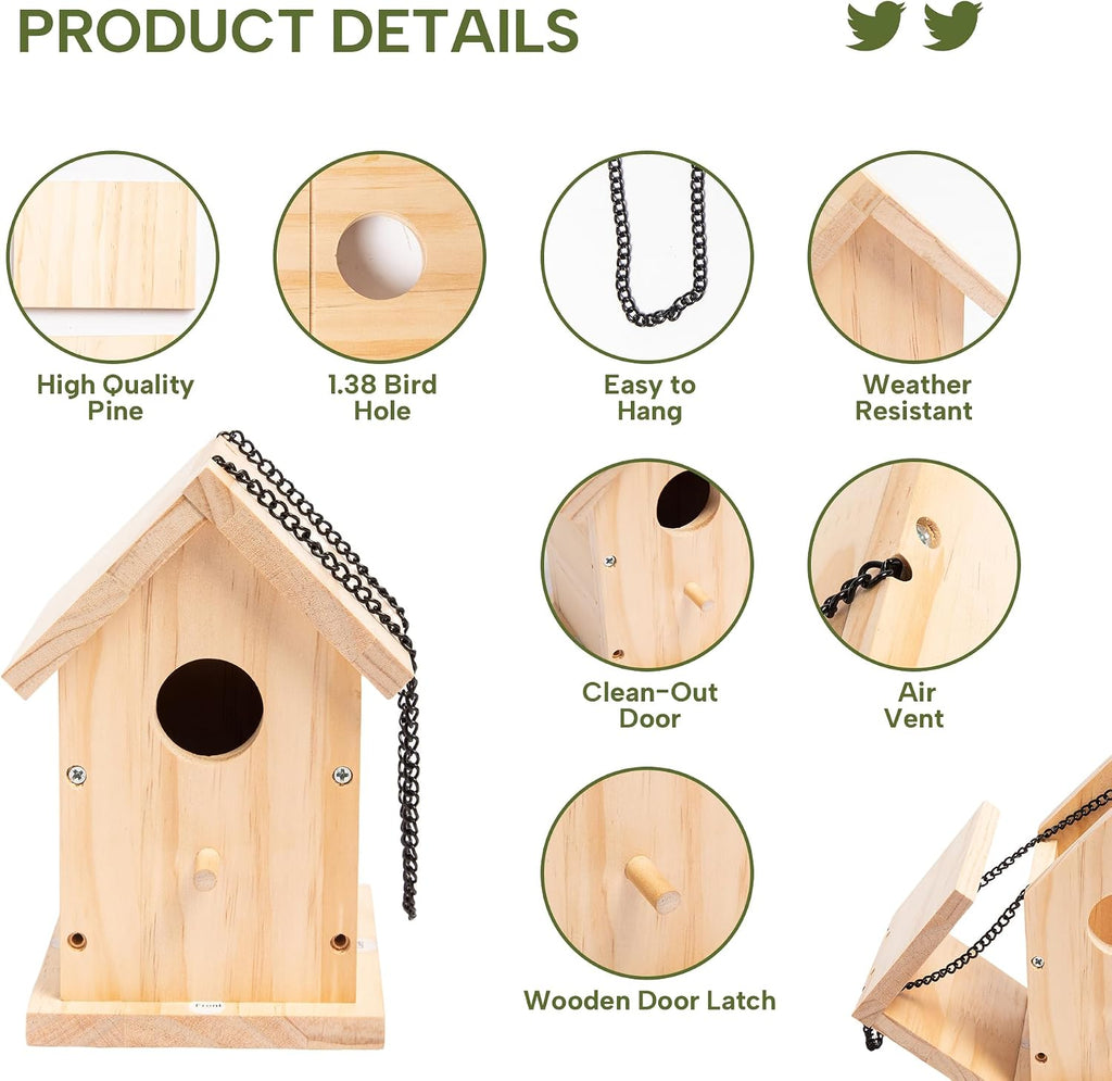 HPC Decor 2 Pack Bird Houses for Outside w/Chain,Natural Wooden Birdhouses Kit for Outdoors w/Predator Guard,Hanging