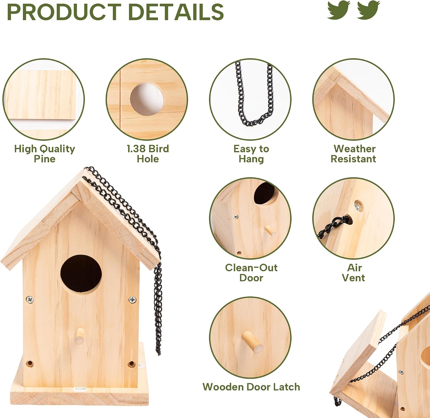 HPC Decor 2 Pack Bird Houses for Outside w/Chain,Natural Wooden Birdhouses Kit for Outdoors w/Predator Guard,Hanging