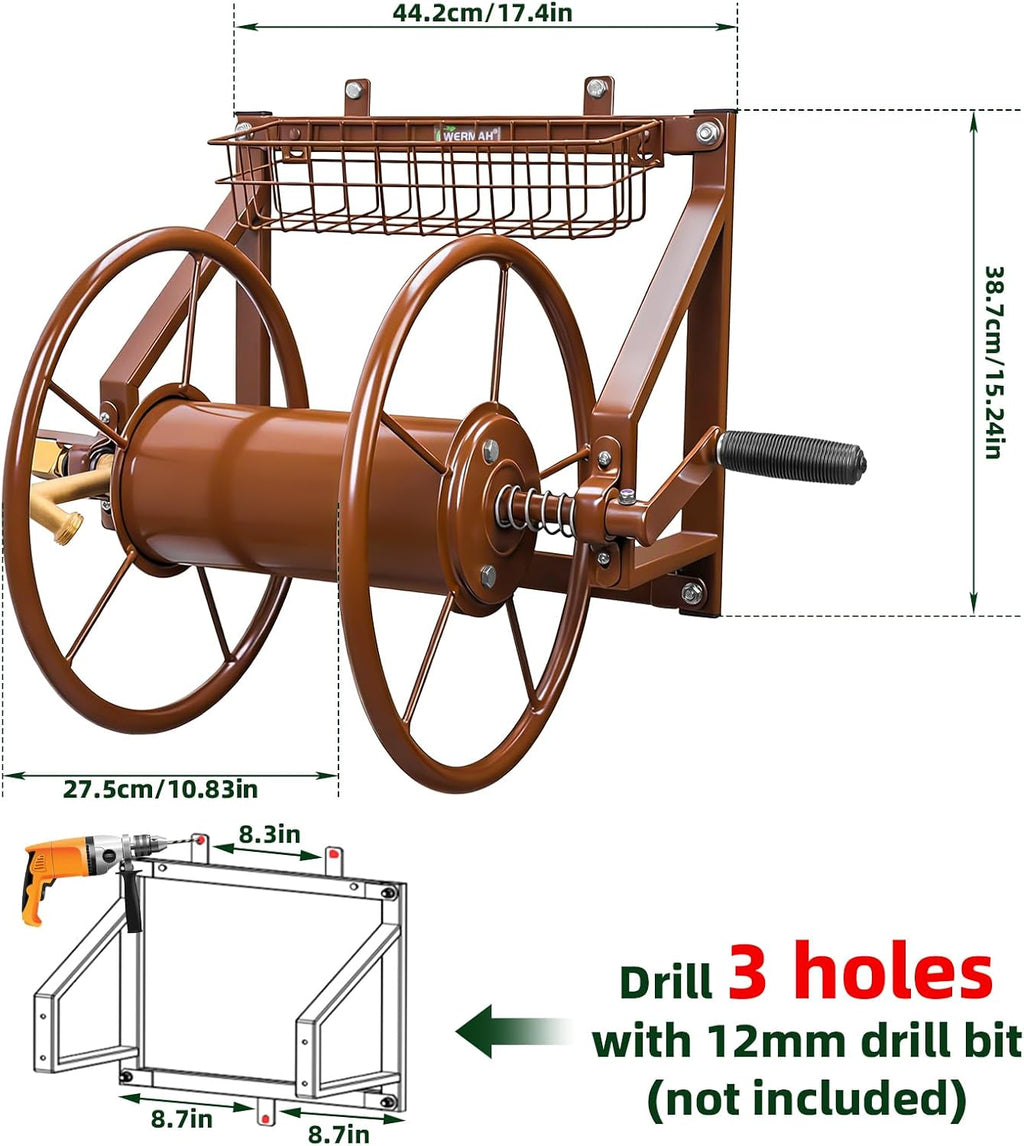 Wall Mount Garden Hose Reel, Heavy Duty Metal Holds 155ft 5/8" Hose | Solid Brass Fittings, No Leaks, Rust-resistant.