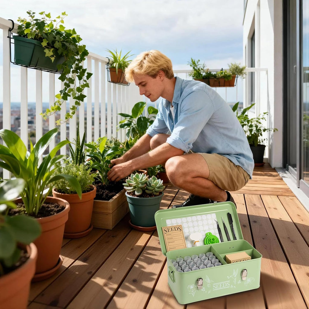 60 Slots Seed Organizer Storage Box with 3 Compartments,Large Metal Garden Seed Organizer with Lid&Safety Locks,Seed