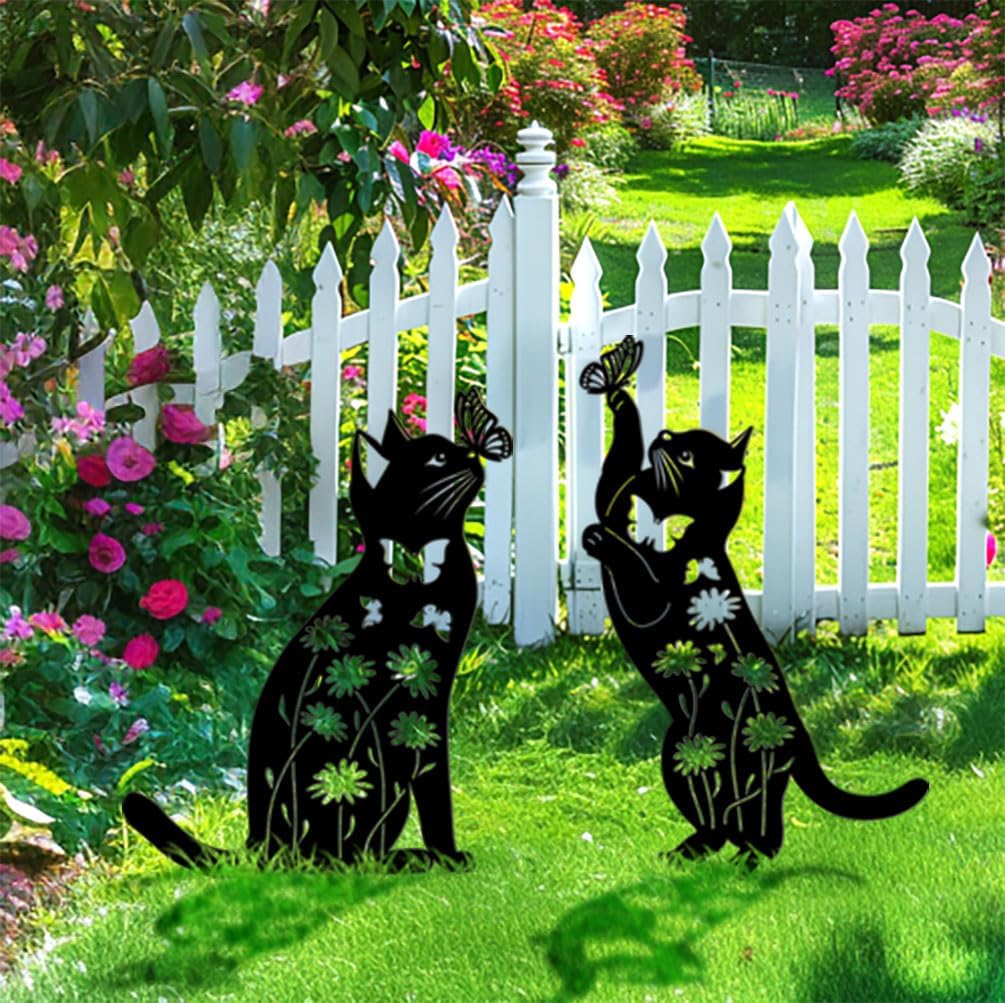 Cat Garden Decor Outside Black Cat Silhouette Yard Art Garden Stakes | 17" Rust-proof Metal Black Cat Yard Decor Adds
