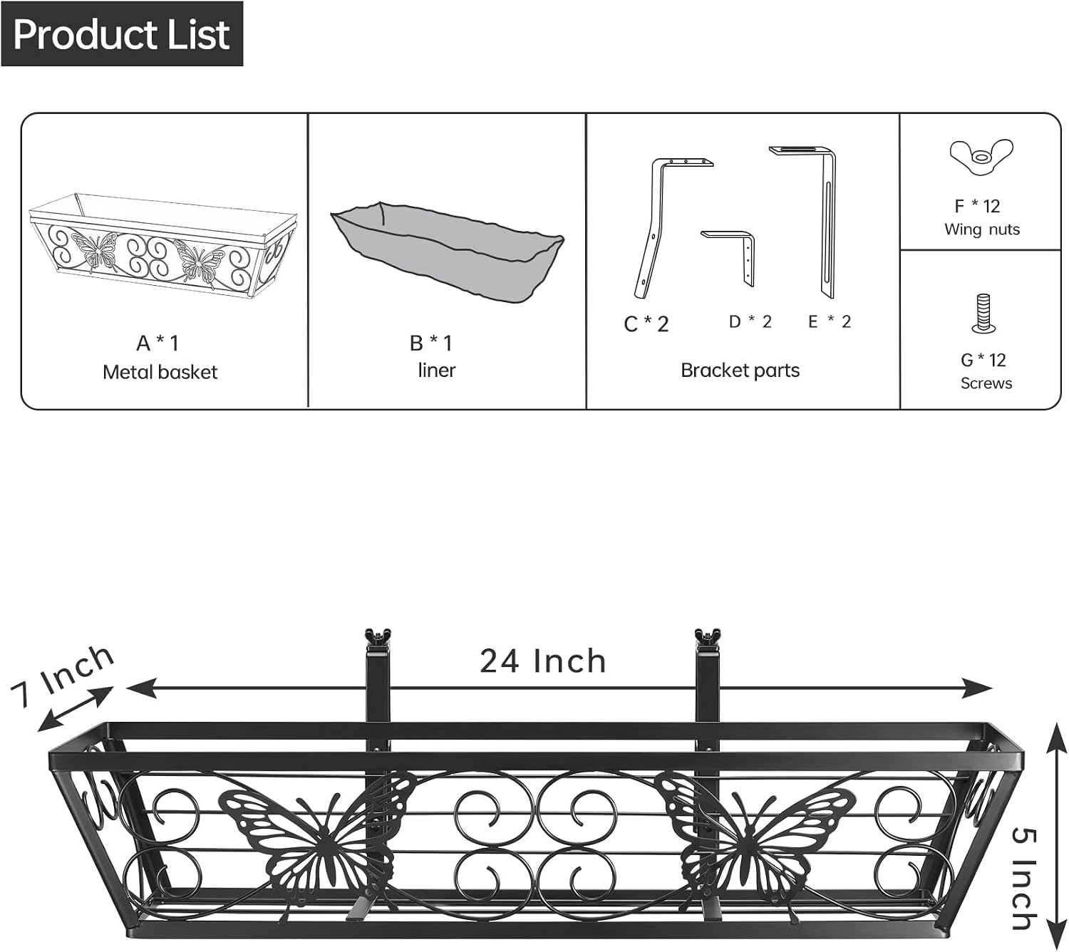 2 Pack 24 Inch Window Boxes Planters Railing Planter Box with Adjustable Brackets for Porch Fence Patio Balcony Hanging