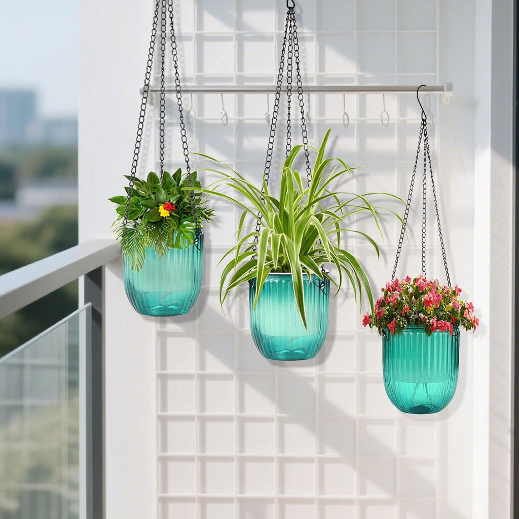 4 Pack Self Watering Hanging Planters with Drainage Holes Green