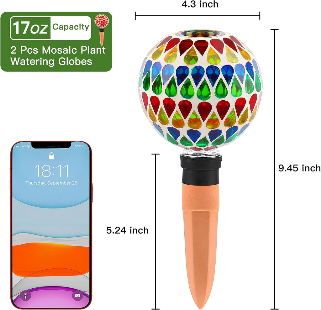 SAVENNA Mosaic Plant Watering Globes with Terracotta Spikes, 17oz Glass Self Watering Globes for Indoor & Outdoor