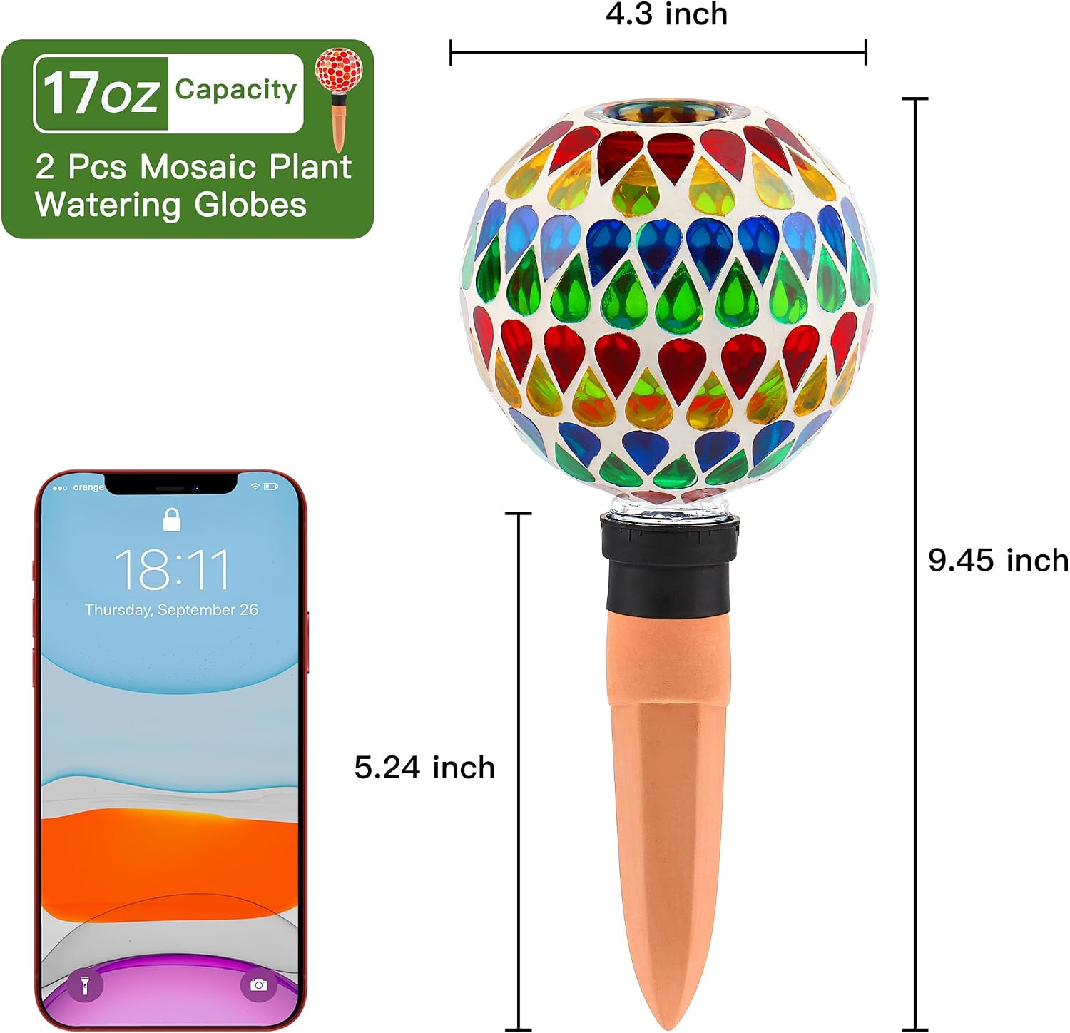 SAVENNA Mosaic Plant Watering Globes with Terracotta Spikes, 17oz Glass Self Watering Globes for Indoor & Outdoor