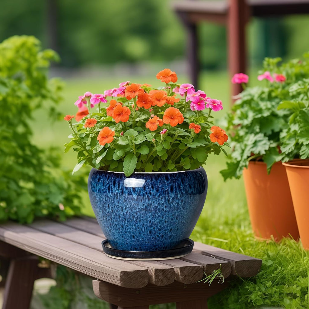 10 Inch Plant Pot, Ceramic Planter with Drainage and Saucer, Blue | Round Planters for Indoor Plants, Modern Planter