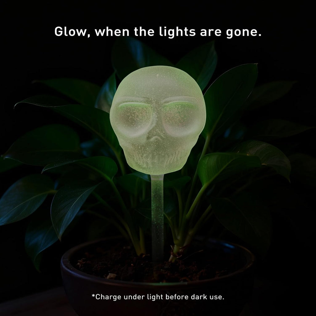 Soilagua 10 oz Glow-in-The-Dark Smiling Cute Skull Glass Plant Watering Globes, Halloween Goth Water Bulbs, Gothic
