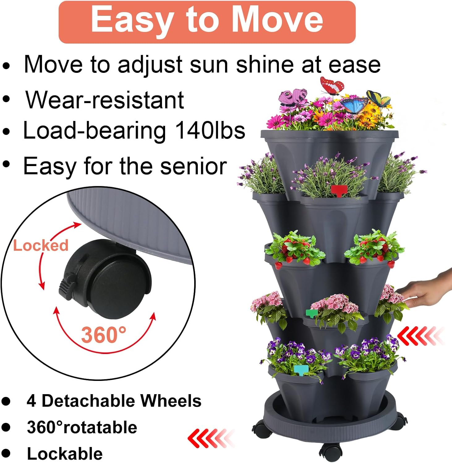 DUNCHATY Stackable Planter, Vertical Strawberry Planter with Garen Tool Set, Self Watering Garden Planter