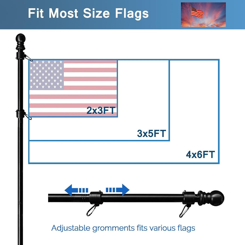 10ft Black Flag Poles in Ground for Outside, Flagpole Stand for House Ground with 5 Pronges Base
