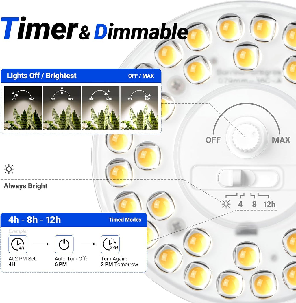 Barrina OG11A Grow Light Bulbs for Indoor Plant, 4000K 11W, 4 Packs, Black | Integrated Dimming & Timing, E26 Plant