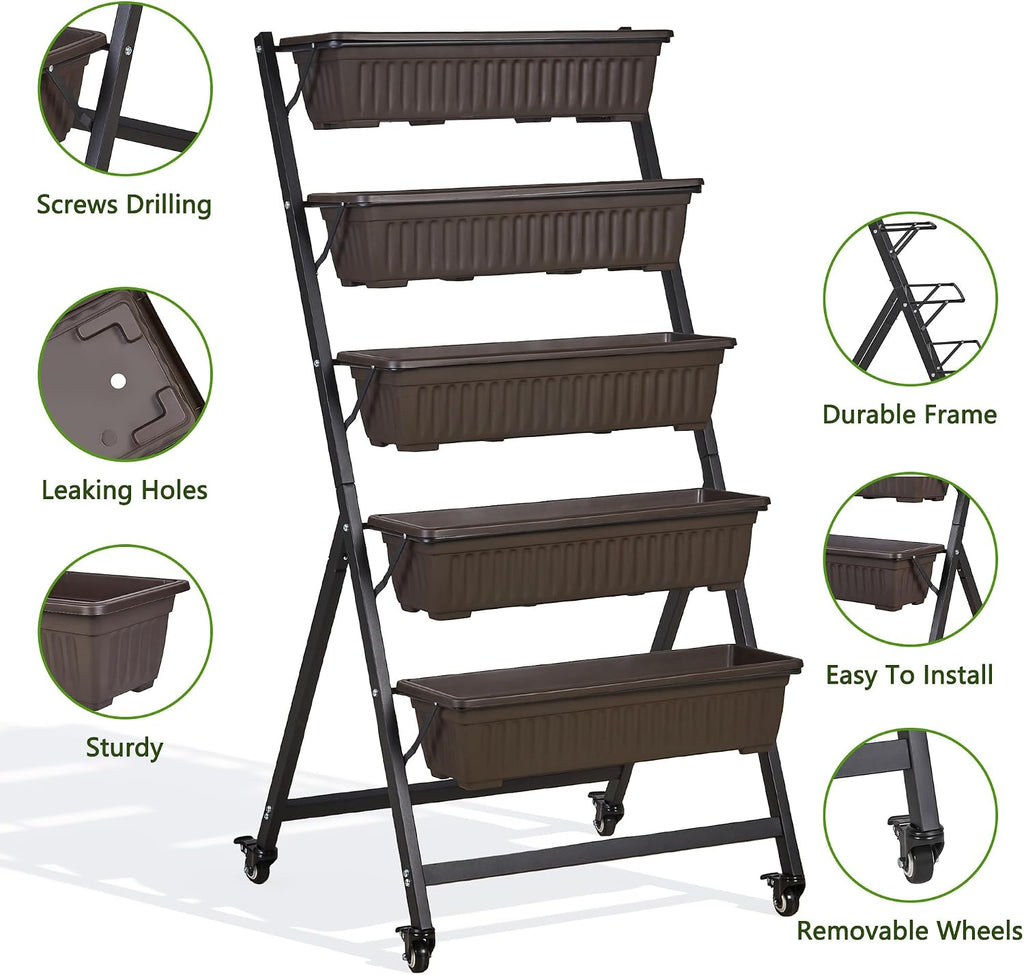 VECELO 5-Tier Vertical Garden Bed, Freestanding Elevated Raised Garden Planter with 5 Garden Planter Boxes, Lockable