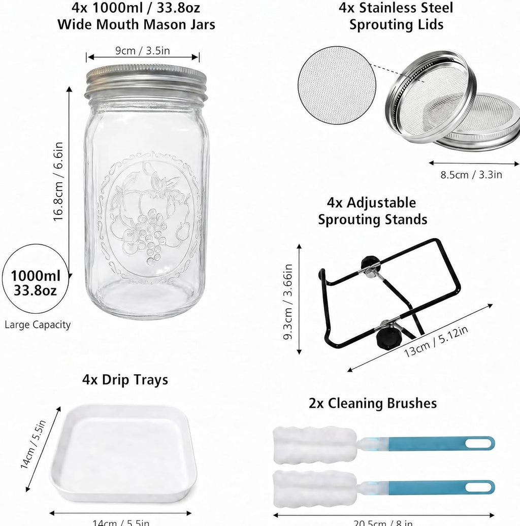 4 Large 1000ML Wide Mouth Mason Jar Sprouting Kit, with Stainless Steel Stand, Drain Tray & Cleaning Brush, High