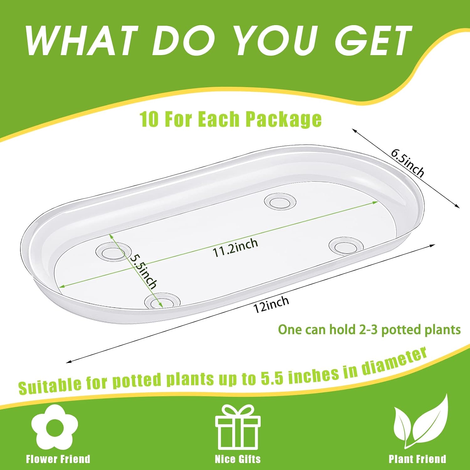 10 Pcs 12 x 6 Inch Plant Tray Plastic Plant Saucer Window Sill Tray Rectangular Drip Trays Plastic Oval for Indoors