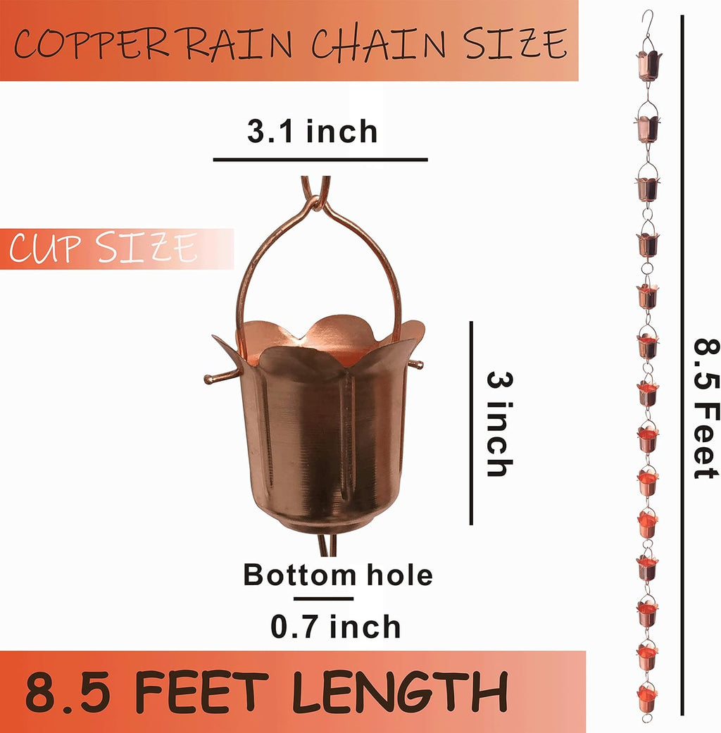 Rain Chains - Pure Copper Tulip Rain Chains for Downspouts. 8.5 Feet Length. Free Gutter Adapter. Windchime and