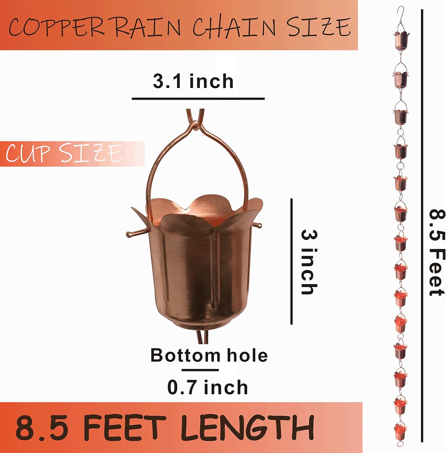 Rain Chains - Pure Copper Tulip Rain Chains for Downspouts. 8.5 Feet Length. Free Gutter Adapter. Windchime and