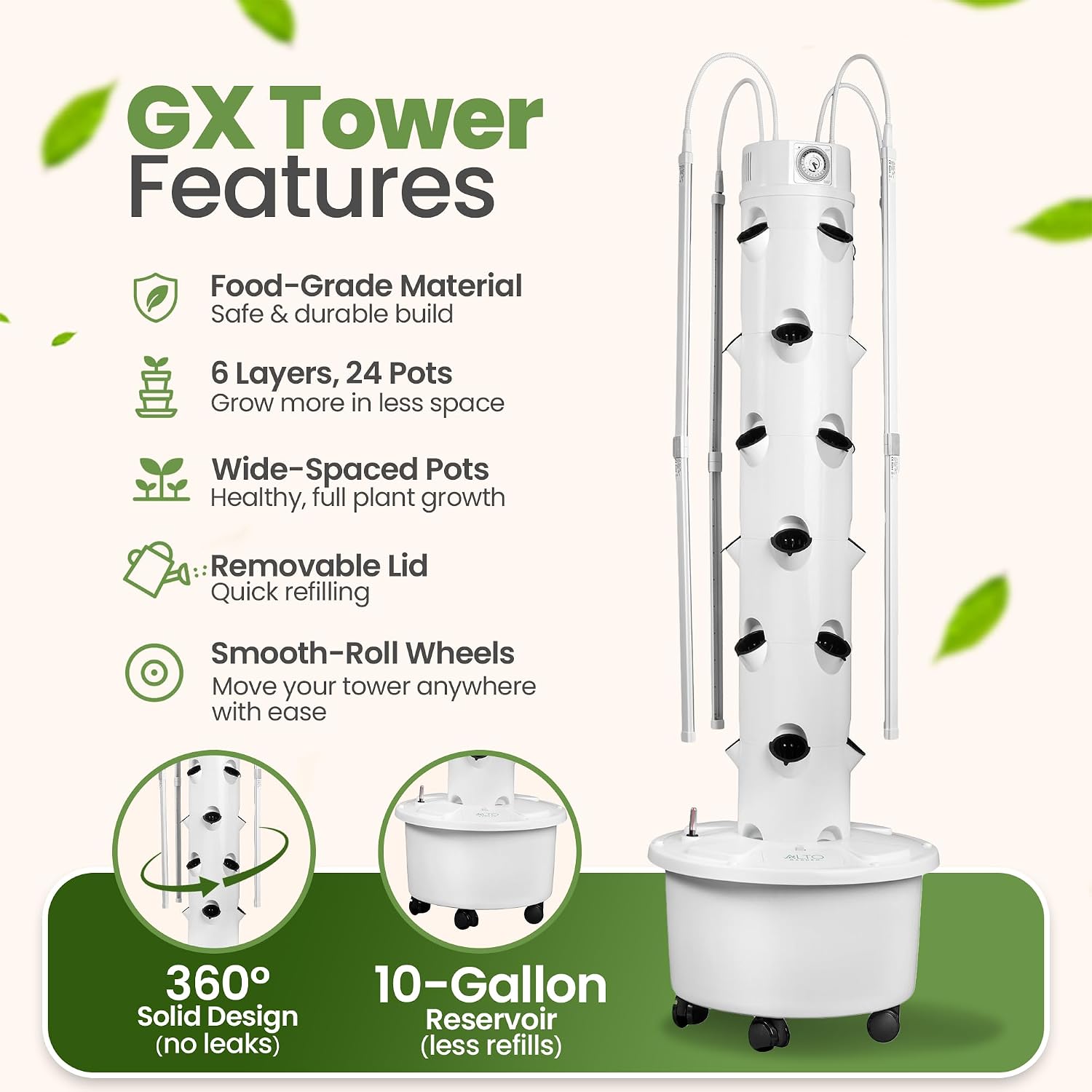 GX Hydroponic Tower | Vertical Planter Tower | Hydroponics Growing System Kit | Food Grade with 24 Net Pots (with LED