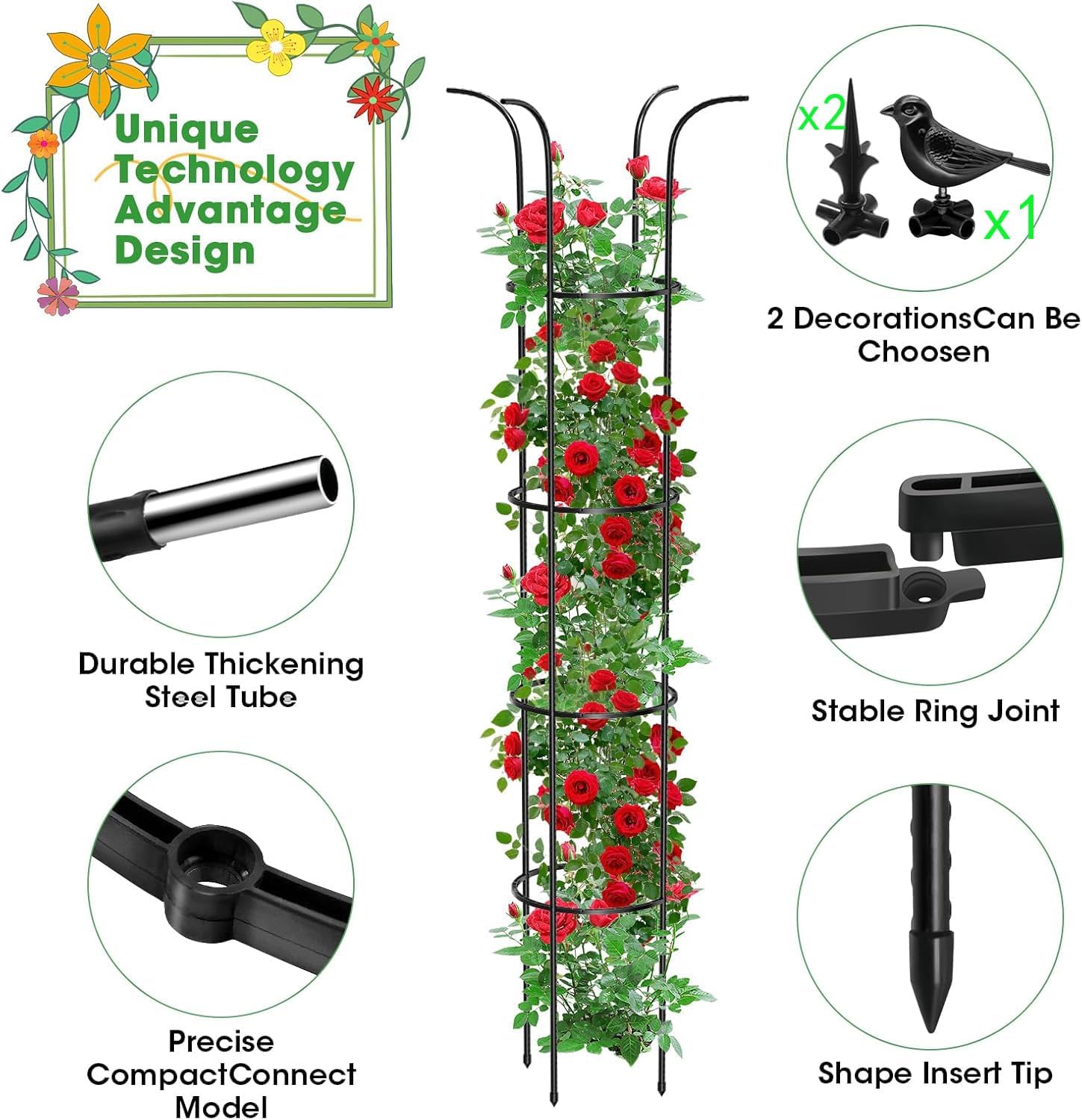 Tower Obelisk Garden Trellis for Climbing Plant，6.2FT/74.4" Rustproof Metal Potted Plant Climbing Support for Indoor
