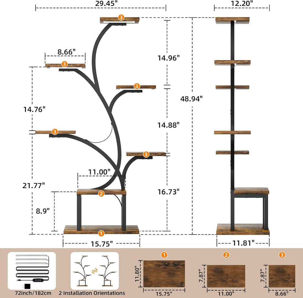 BACEKOLL Plant Stand Indoor with Grow Light, 7 Tier 49" Lighted Plant Shelf | Tree-Shaped Tall Holder with Full