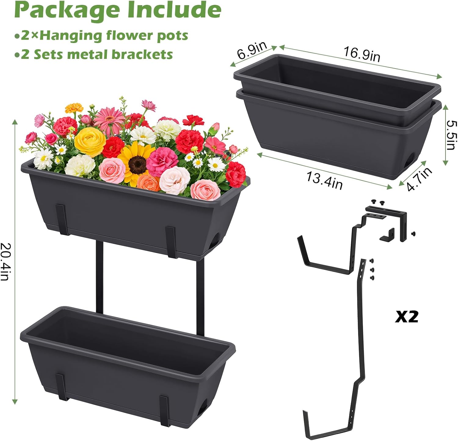 Railing Planter Box 2 Pack Rectangular Window Boxes Planters with Double Adjustable Brackets, Balcony Deck Railing