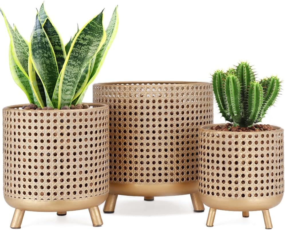 JHY DESIGN Set of 3 Plant Pots 10/8.5/7''H Metal Decoration Flower Pots with Hollow Design Large planters for Indoor &