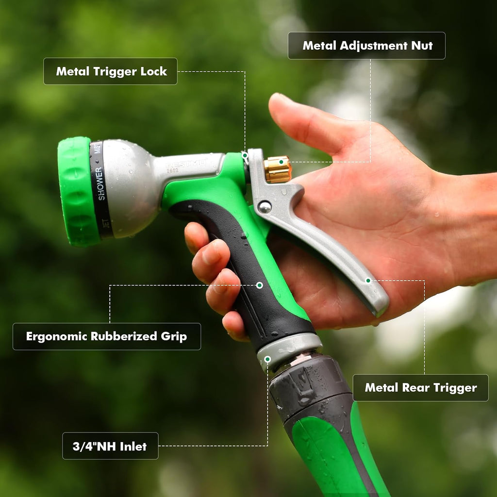 RESTMO Garden Hose Nozzle Heavy Duty, Rear Trigger Water Sprayer, Green | 7 Adjustable Spray Patterns, Durable Metal