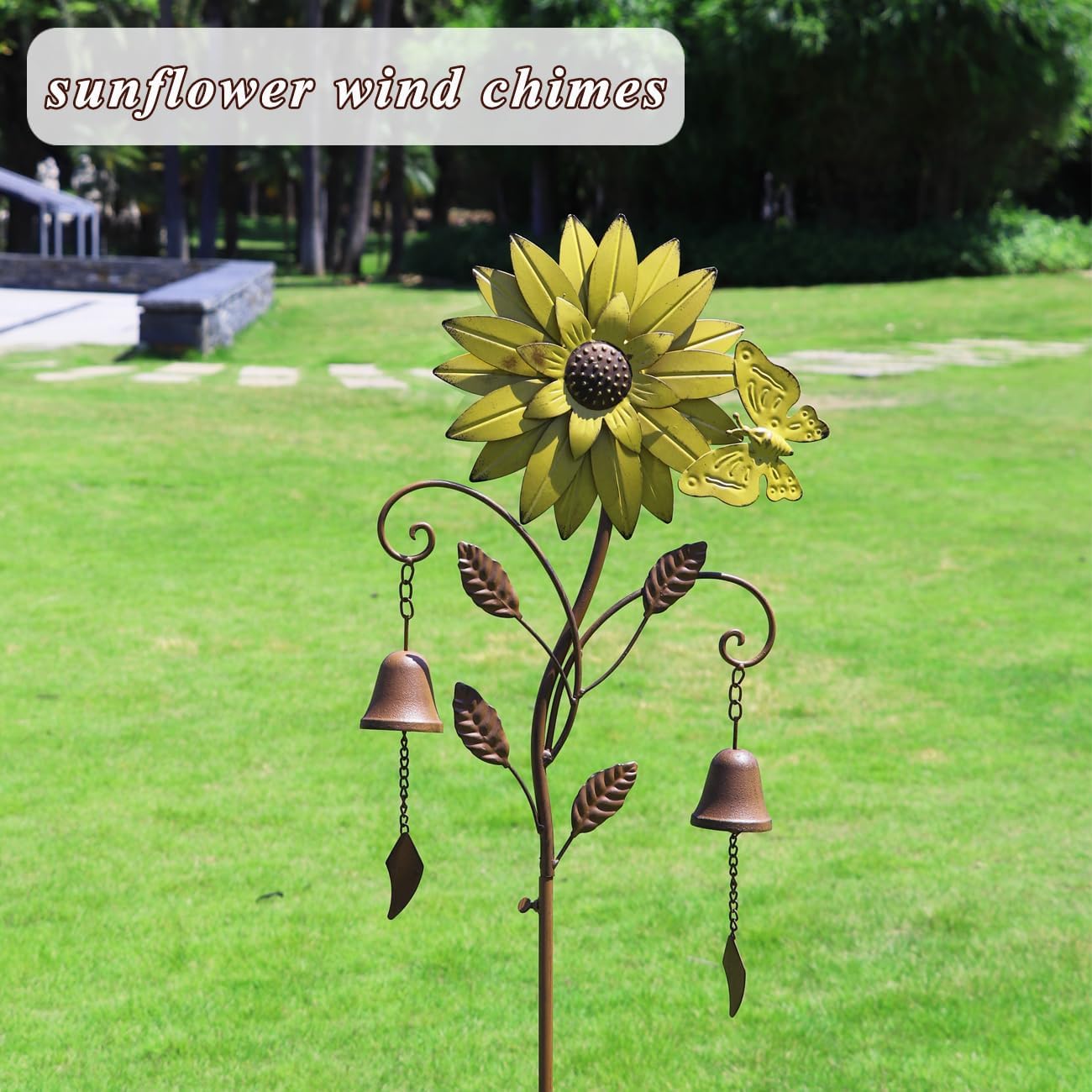 Decorative Garden Stakes,Garden Stake with Bells,Metal Flower Garden Decor | 50"H Sunflower Metal Flower Garden Stake