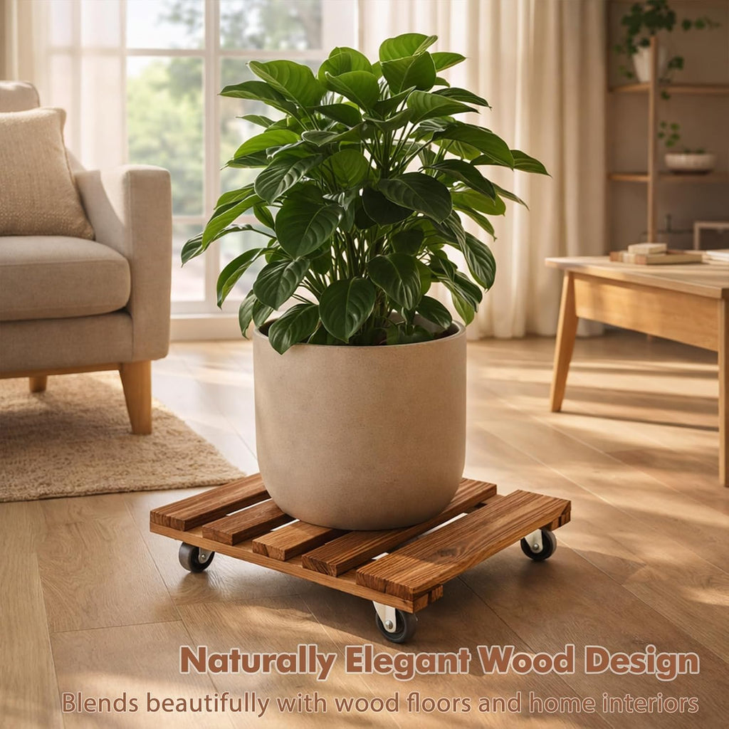 12 Inch Plant Caddy with Wheels, 4 Pack Rolling Plant Stand Rollers with Casters Wooden Plant Dolly with Wheels Heavy