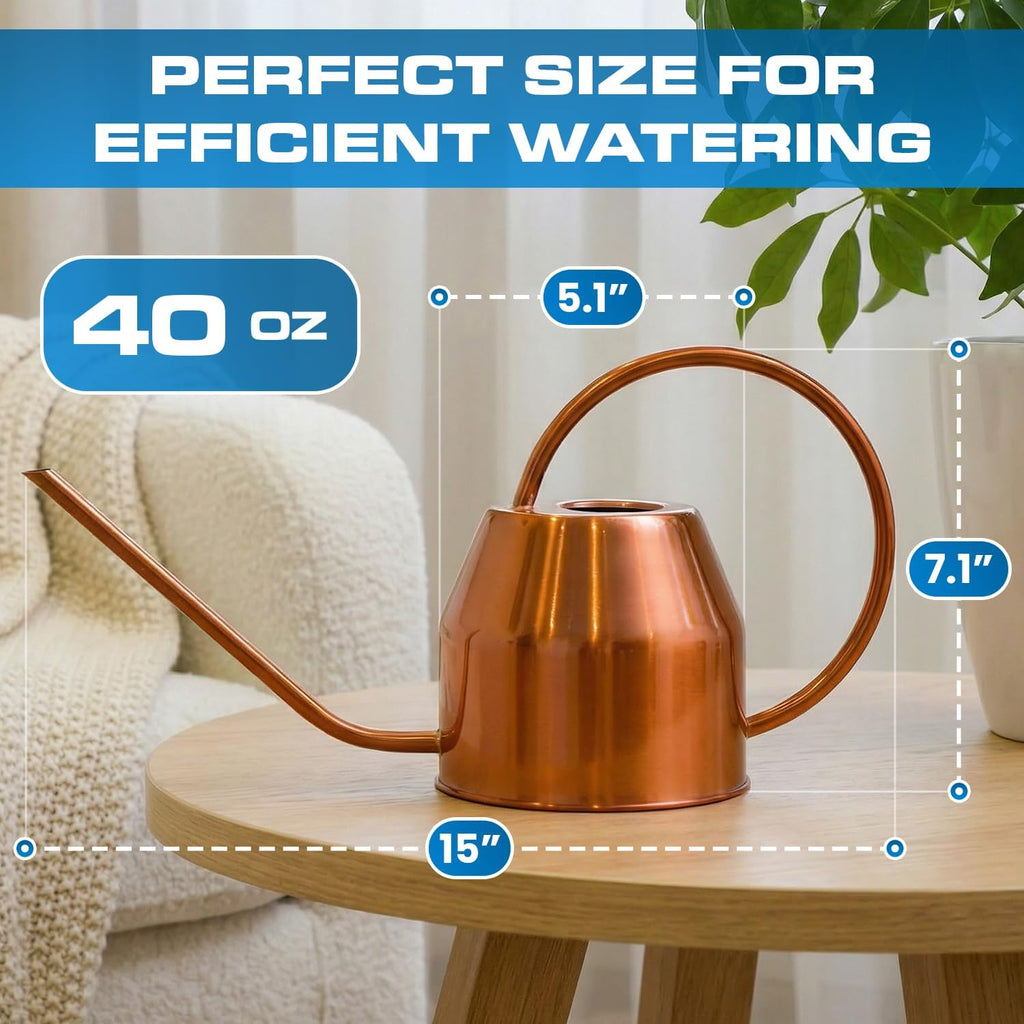 Plexon Rose Gold Metal Watering Can Indoor Plants 40 oz, Stainless Steel Long Spout Watering Can Outdoor House Plant