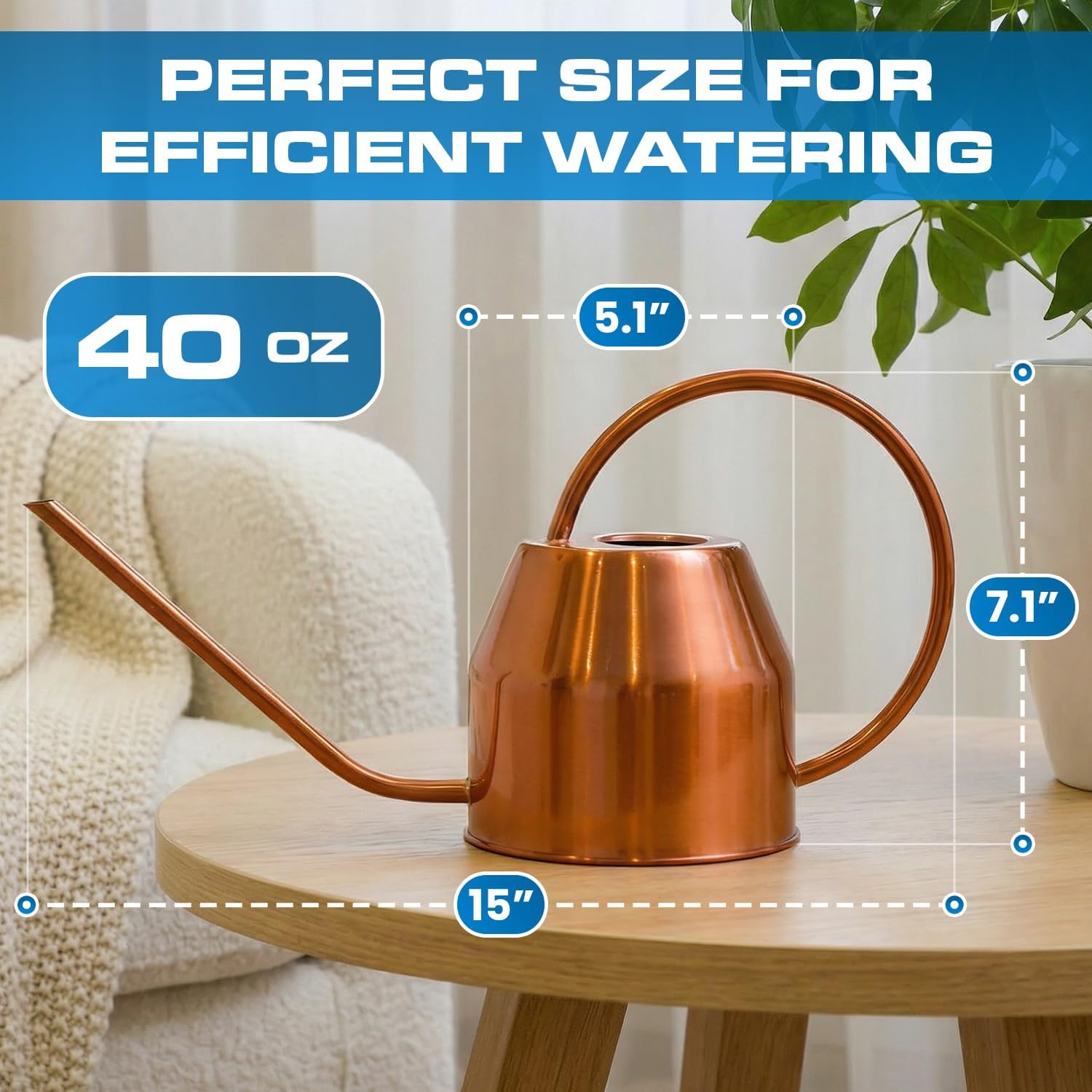 Plexon Rose Gold Metal Watering Can Indoor Plants 40 oz, Stainless Steel Long Spout Watering Can Outdoor House Plant