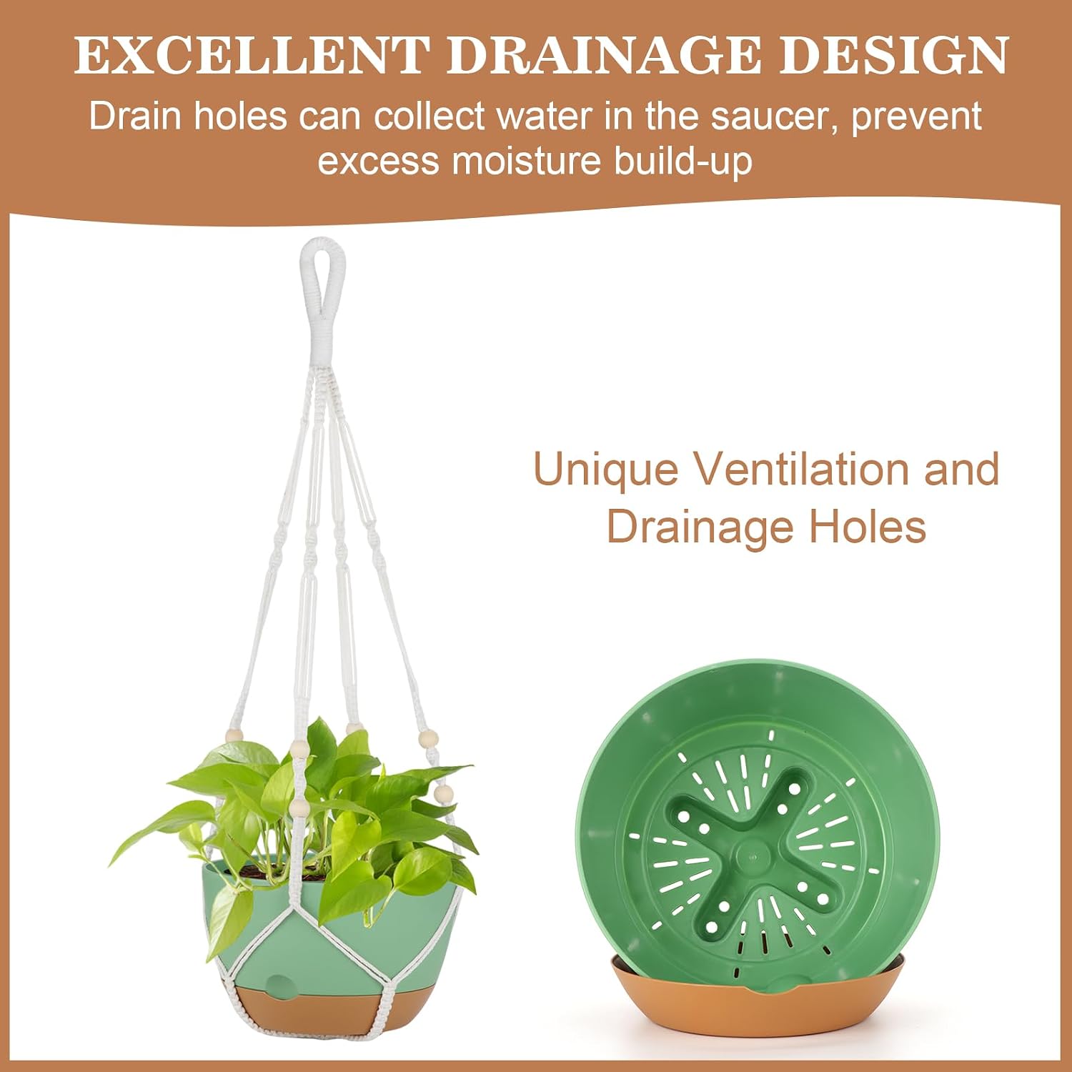 Self Watering Hanging Planter, 3 Pack 10 Inch Macrame Plant Hanger with Flower Pot, Metal Chain, S & Ceiling Hooks