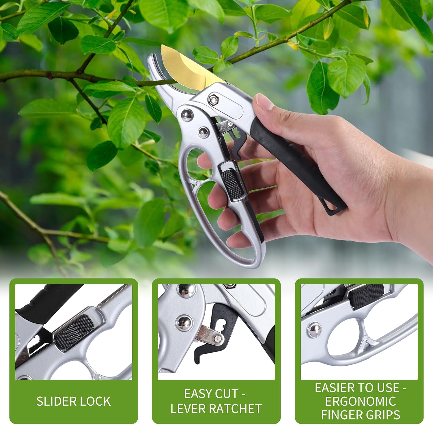 Garden Clippers, Premium Germany Titanium Pruners, Work 3 Times Easier, Ratcheting Pruning Shears, Cutting Rose