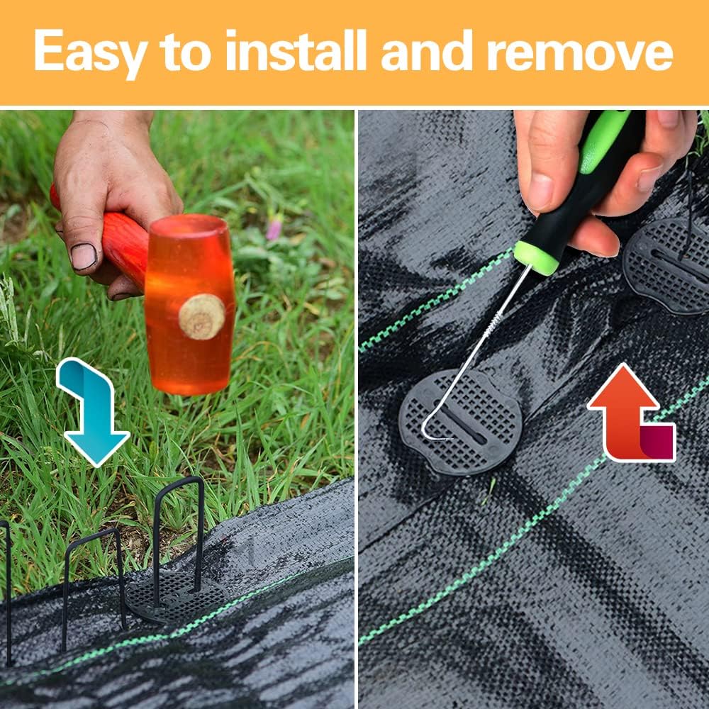 Bakulyor 100pcs Black Landscape Staples + 100pcs Buffer Washer, 6 Inch 11 Gauge Garden Stakes Staples, U Shaped