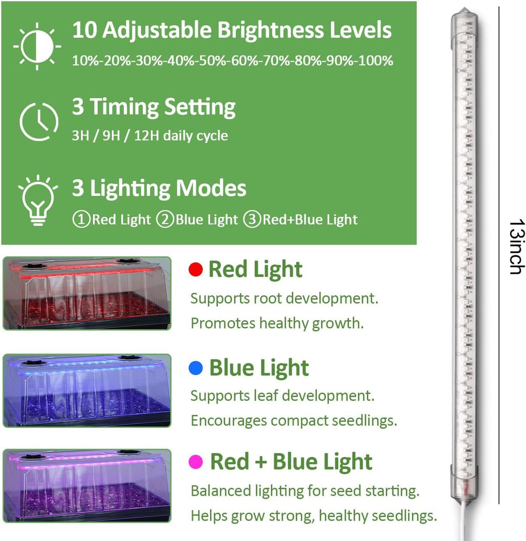 3-Pack Seed Starter Trays with Grow Lights, 5" Tall Humidity Dome & 54-Cell | 2.8" Deep Cells, 96 LEDs per Set, 3 Light