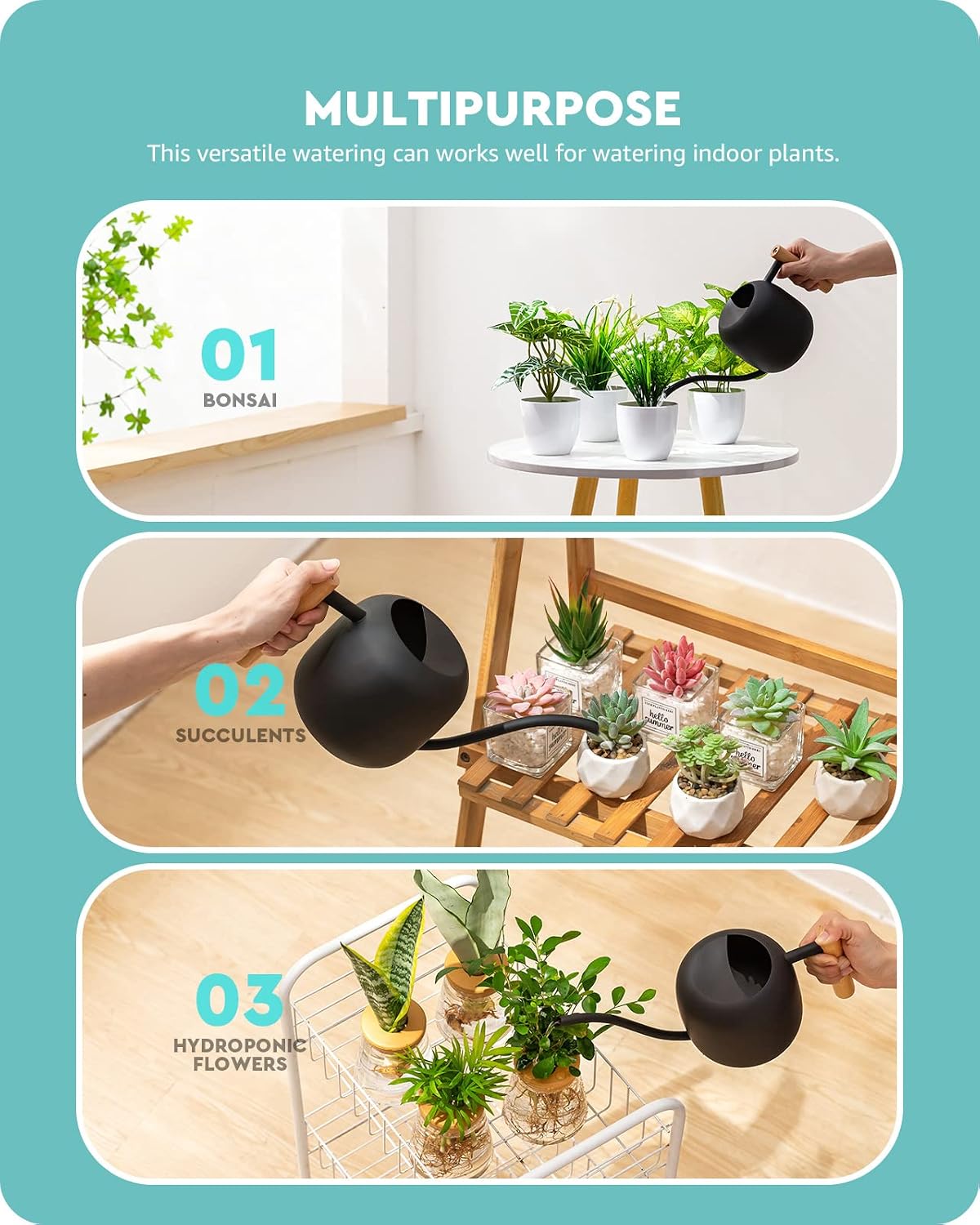 Baffect Watering Can Indoor Plants with Long Spout, 1.2L / 41oz (Black) | Small Metal Watering Pot For Houseplant