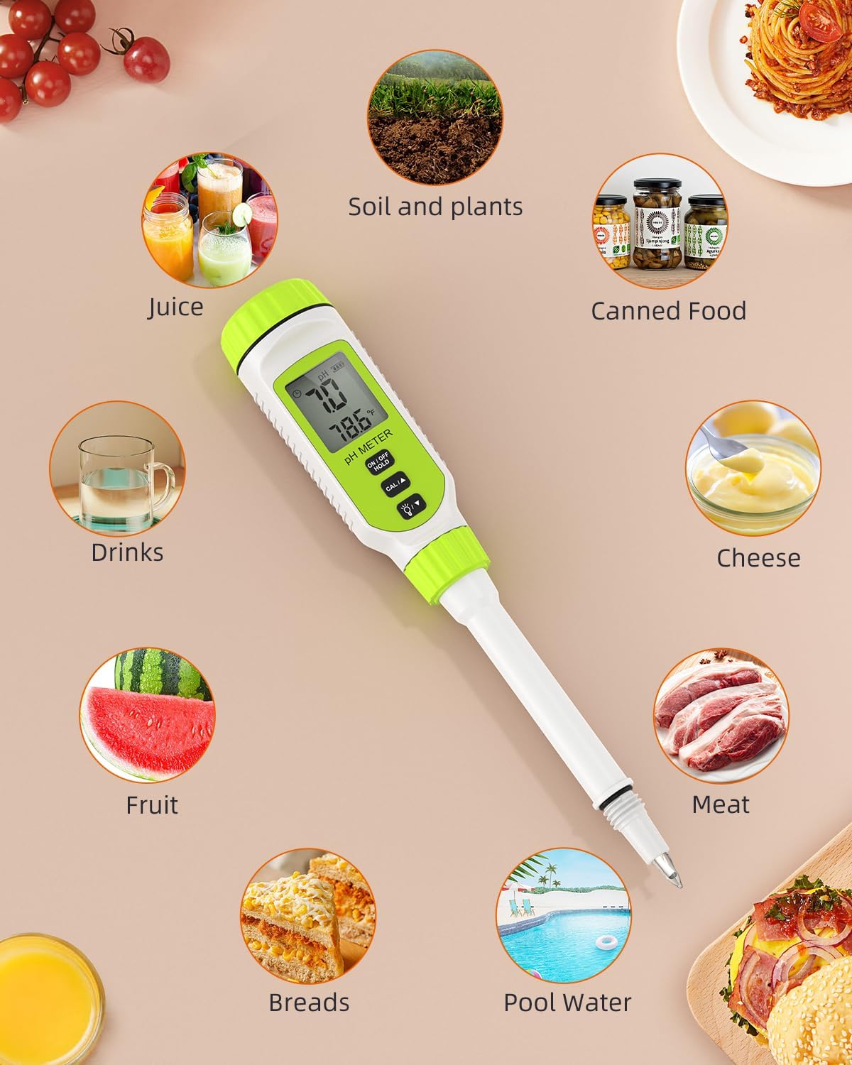 Tadeto Multifunctional Digital pH Meter for Food, High Precision Garden Soil pH Test Kit with LCD ℃/℉ Display for